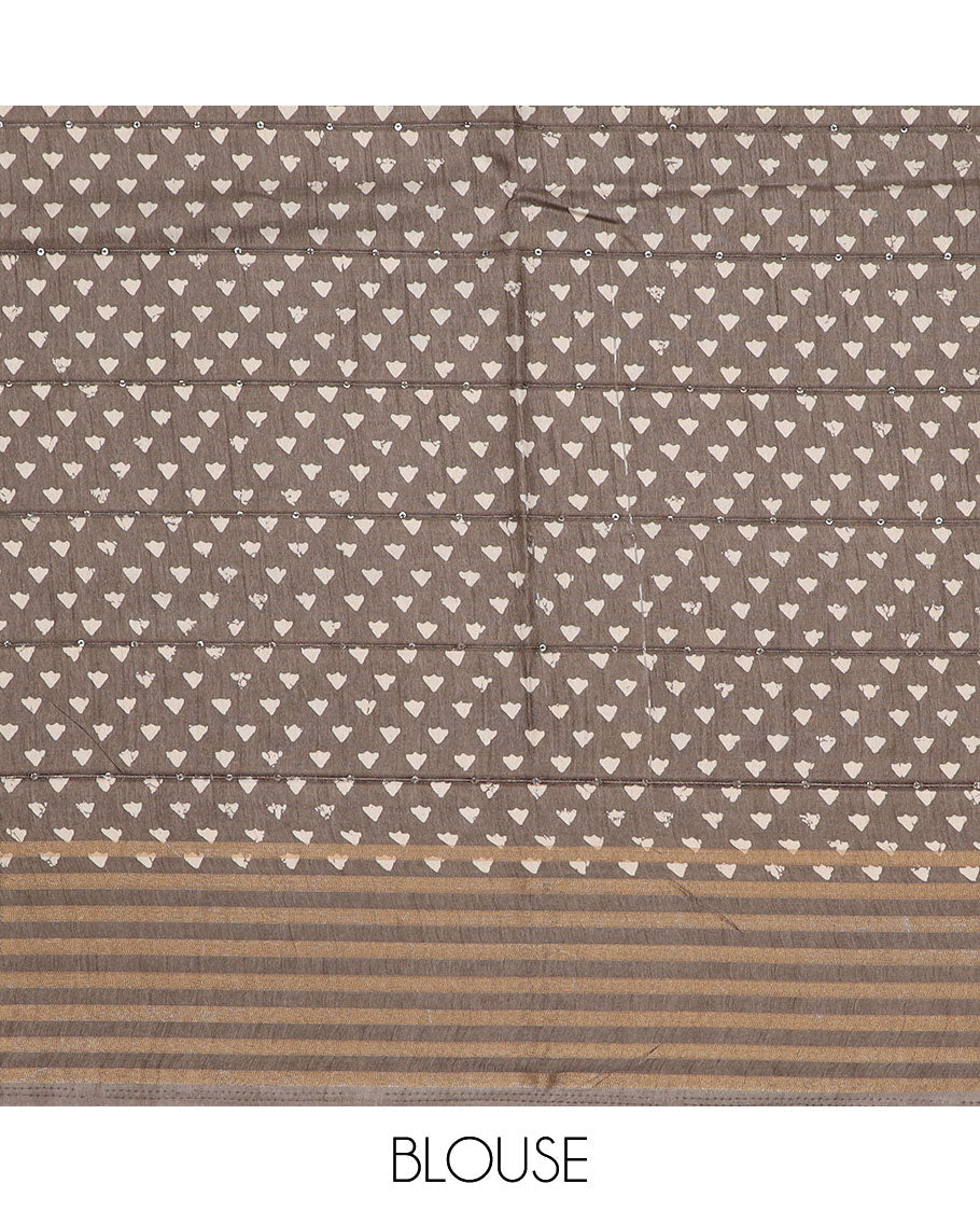 Brown striped & floral printed semi-banaras dola saree, striped border