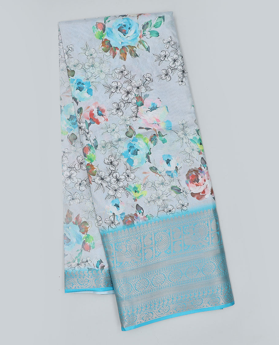 Grey floral printed semi-banaras dola saree, contrast traditional design border