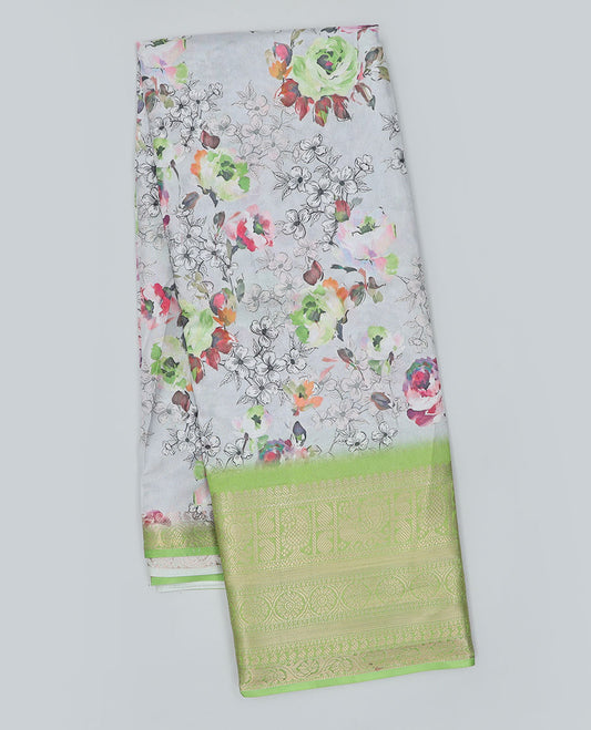 Grey floral printed semi-banaras dola saree, contrast traditional design border