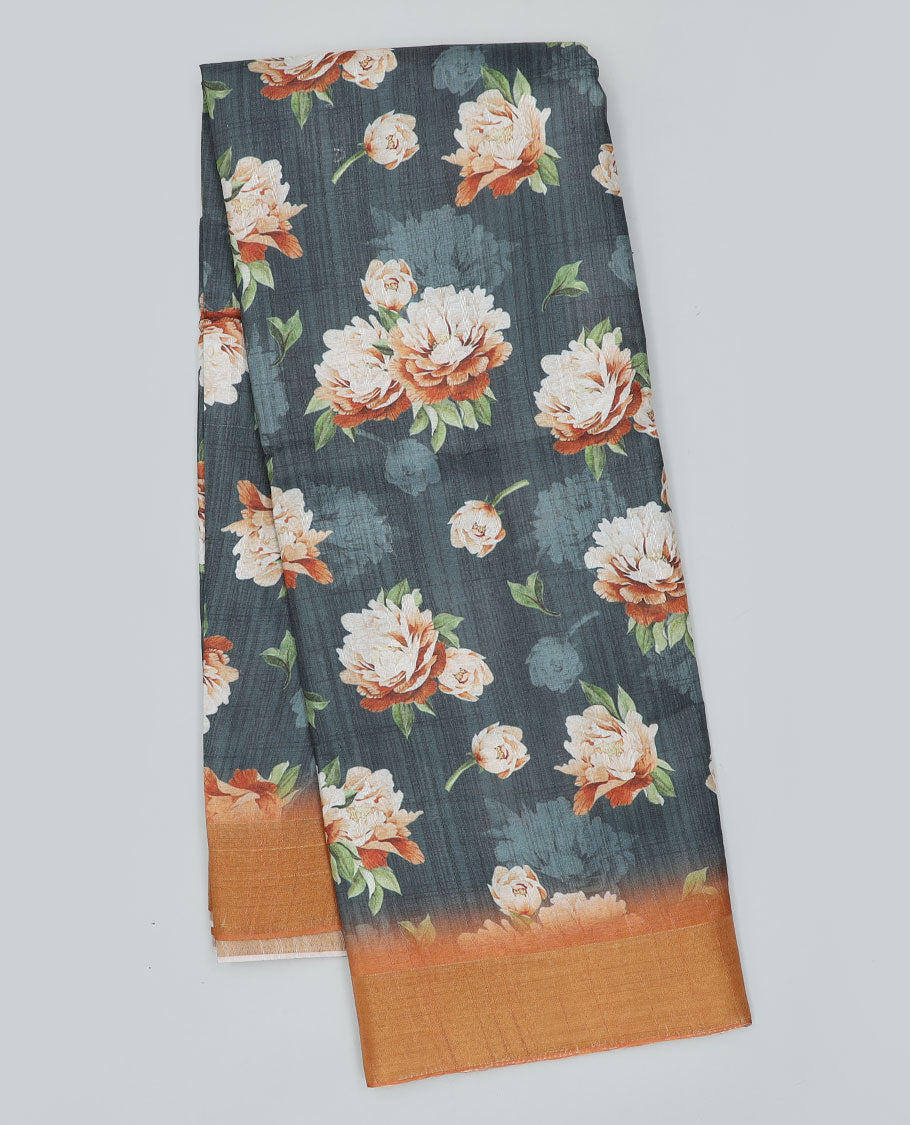 Grey floral printed semi-banaras dola saree, contrast border