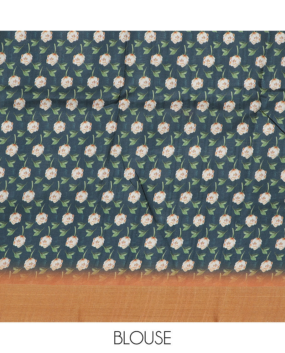 Grey floral printed semi-banaras dola saree, contrast border