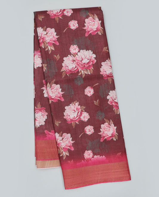 Maroon floral printed semi-banaras dola saree, contrast border
