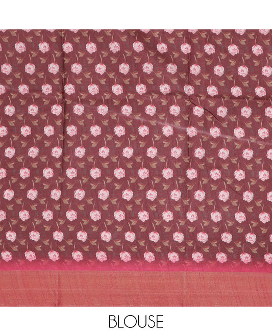 Maroon floral printed semi-banaras dola saree, contrast border