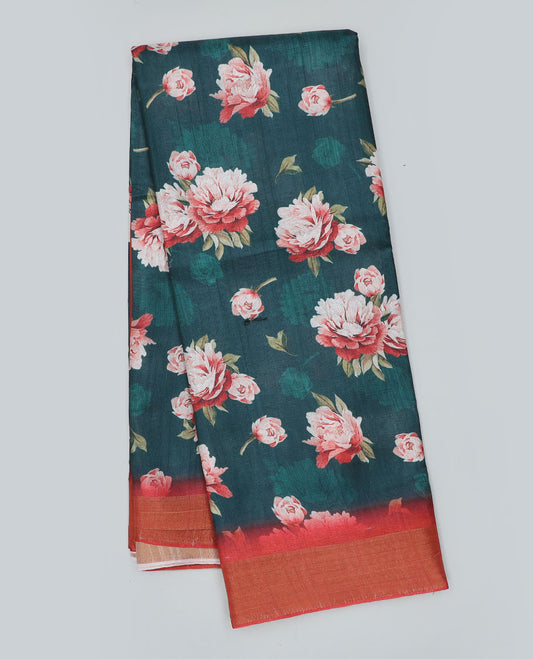 Green floral printed semi-banaras dola saree, contrast border