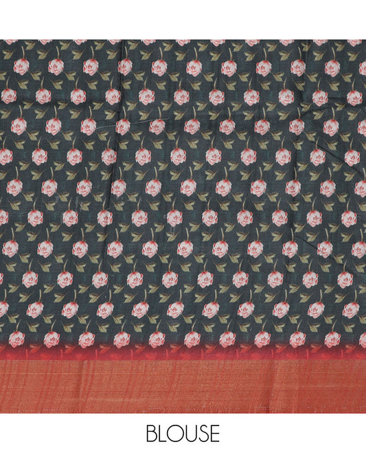Green floral printed semi-banaras dola saree, contrast border