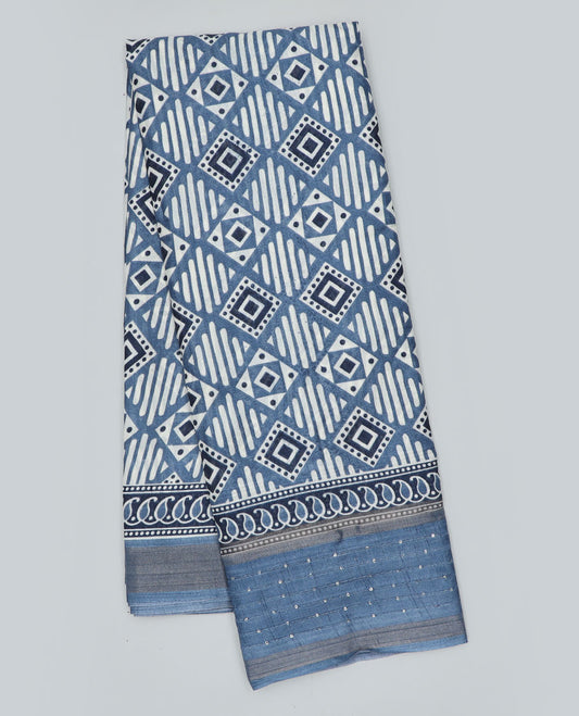 Grey geometric printed semi-banaras dola saree, sequins striped border