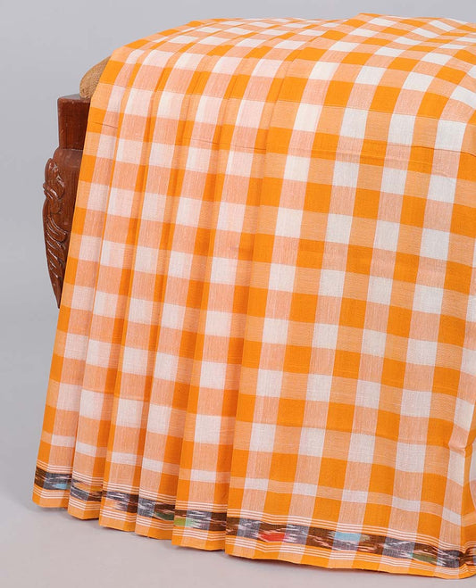 Multi-color checked Andhra cotton saree, ikkat border & pallu of ikkat stripes