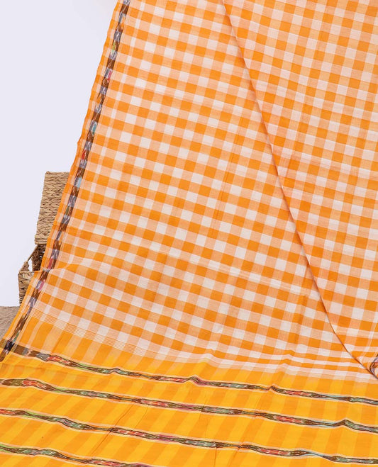 Multi-color checked Andhra cotton saree, ikkat border & pallu of ikkat stripes