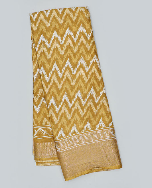 Mustard chevron printed semi-banaras dola saree, ogee patterned border