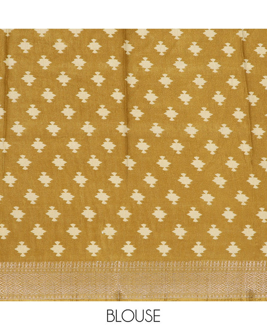 Mustard chevron printed semi-banaras dola saree, ogee patterned border