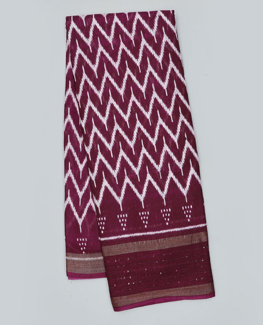 Maroon chevron printed semi-banaras dola saree, sequins striped border