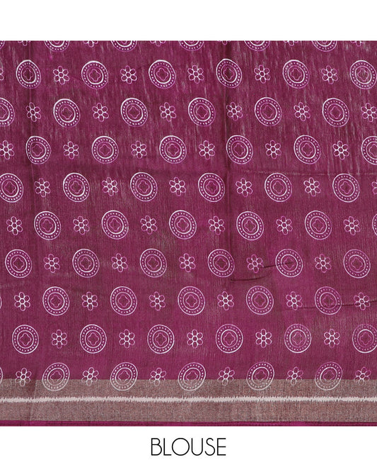 Maroon chevron printed semi-banaras dola saree, sequins striped border