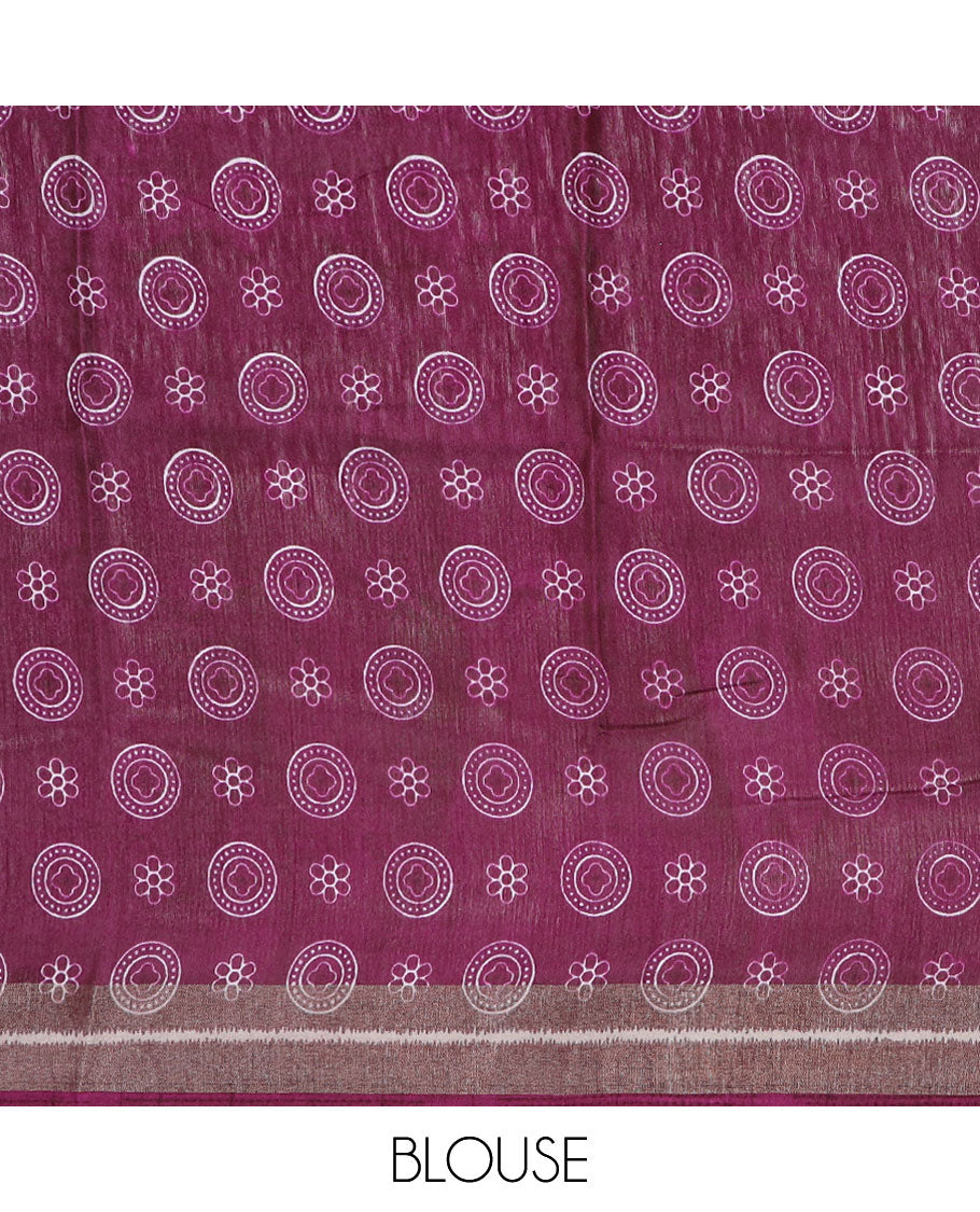 Maroon chevron printed semi-banaras dola saree, sequins striped border