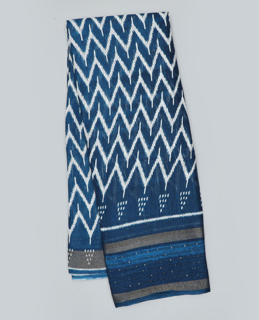 Blue chevron printed semi-banaras dola saree, sequins striped border