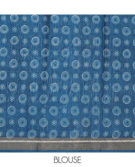 Blue chevron printed semi-banaras dola saree, sequins striped border