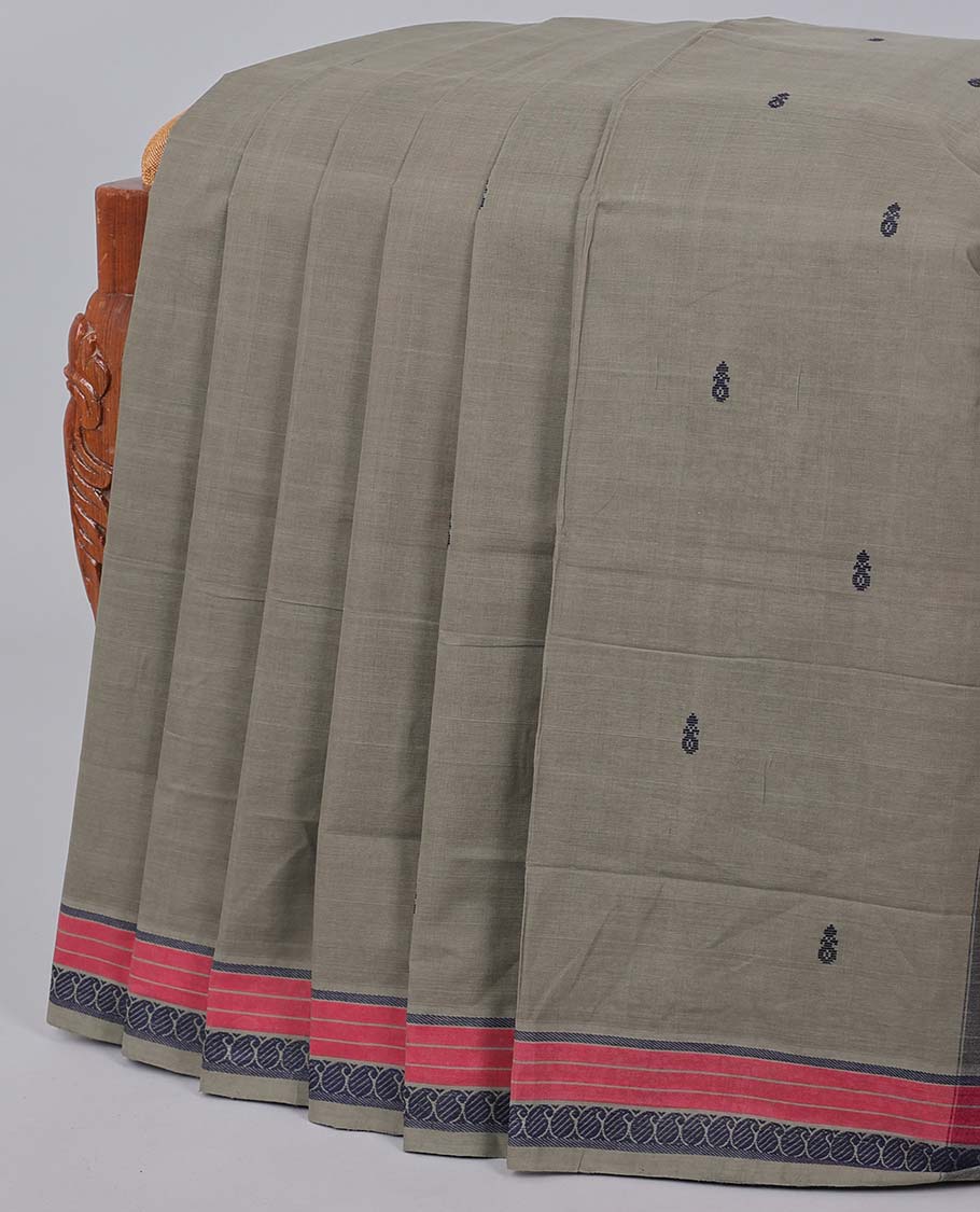 Grey Andhra cotton saree with buttas, traditional design border & striped pallu