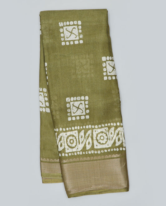 Green batik-style printed semi-banaras dola saree, traditional design border