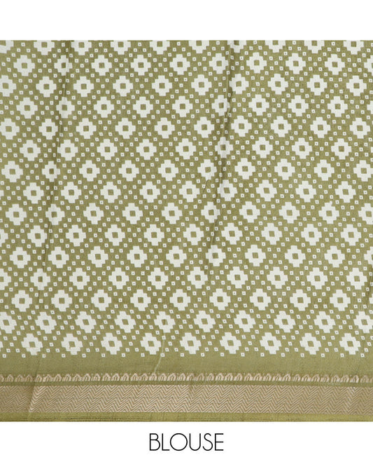 Green batik-style printed semi-banaras dola saree, traditional design border