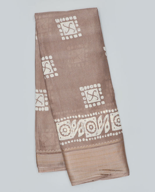 Brown batik-style printed semi-banaras dola saree, traditional design border