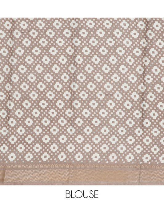 Brown batik-style printed semi-banaras dola saree, traditional design border
