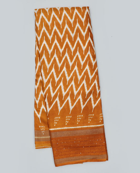 Orange chevron printed semi-banaras dola saree, sequins striped border