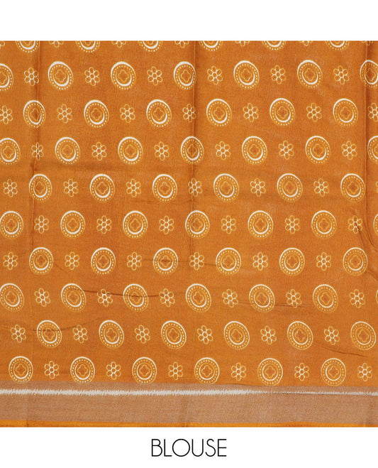 Orange chevron printed semi-banaras dola saree, sequins striped border