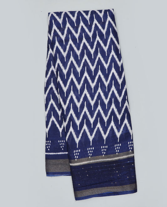 Blue chevron printed semi-banaras dola saree, sequins striped border