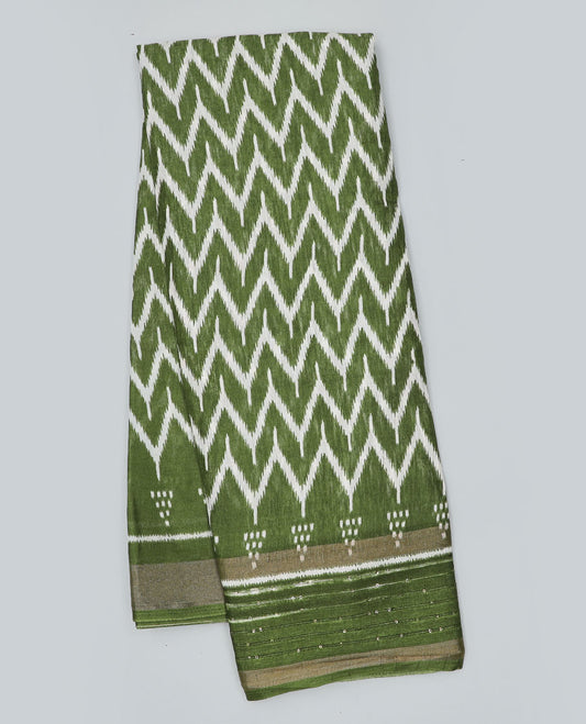Green chevron printed semi-banaras dola saree, sequins striped border