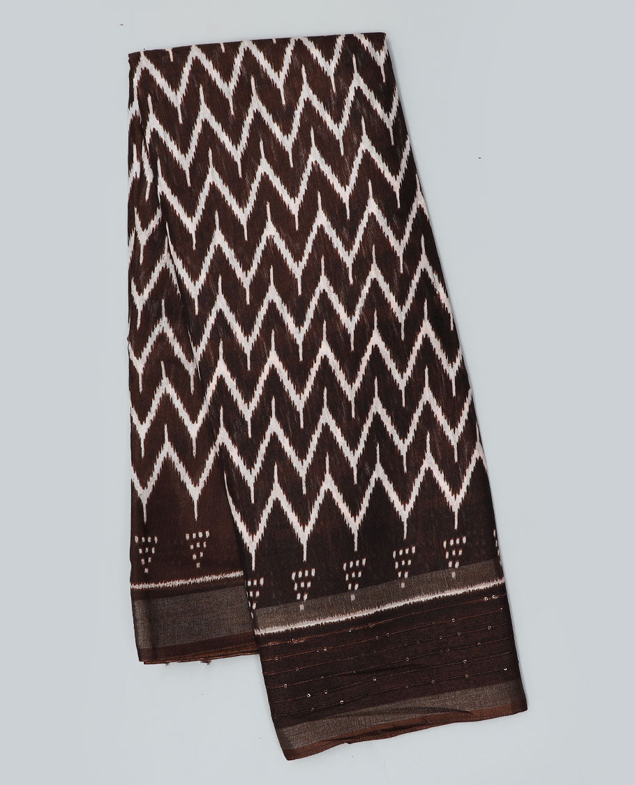 Brown chevron printed semi-banaras dola saree, sequins striped border