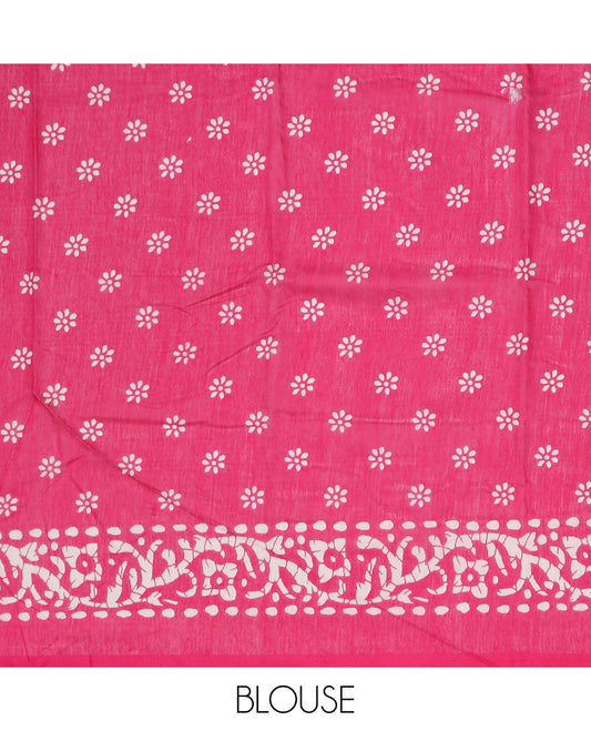 Blue batik-style motifs printed semi-banaras dola saree, contrast batik-printed border