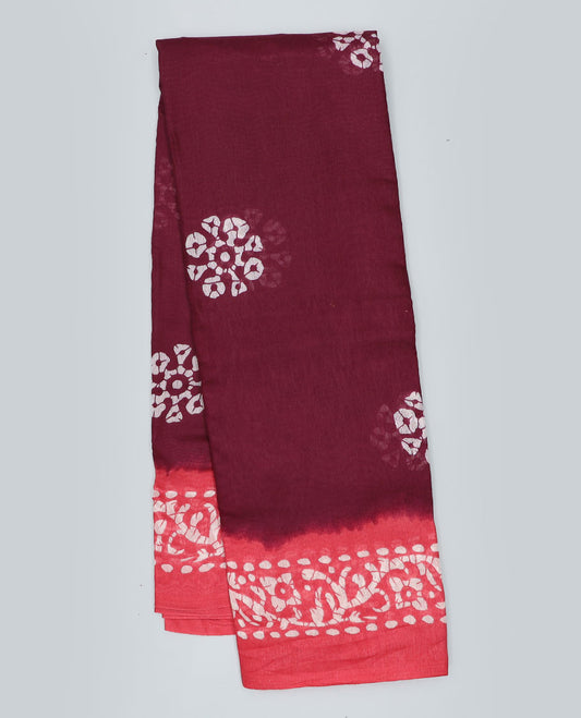 Maroon batik-style motifs printed semi-banaras dola saree, contrast batik-printed border