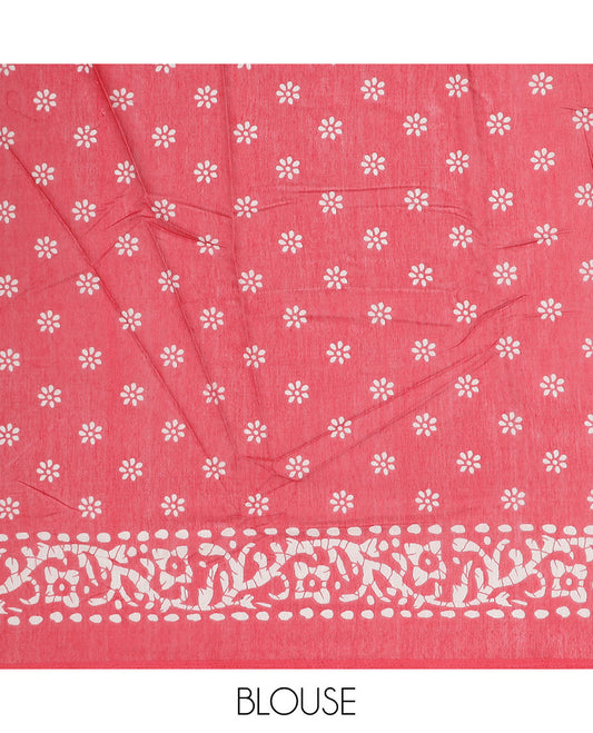 Maroon batik-style motifs printed semi-banaras dola saree, contrast batik-printed border