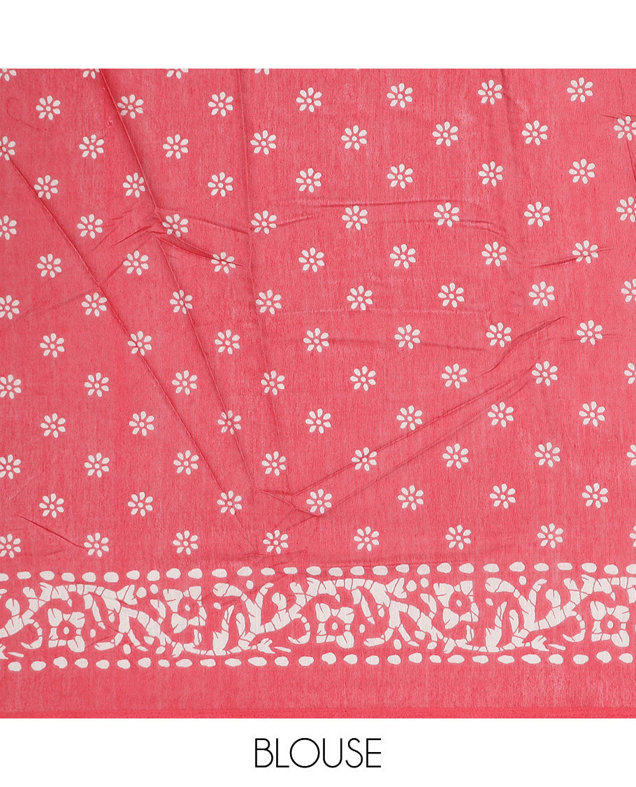 Maroon batik-style motifs printed semi-banaras dola saree, contrast batik-printed border