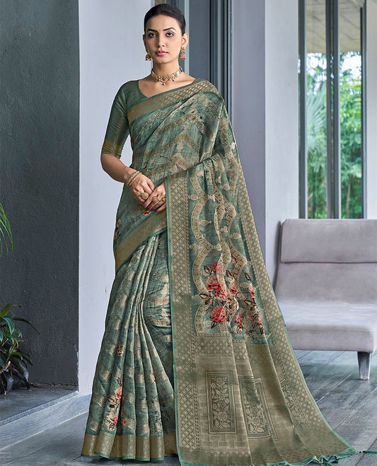 Green intricate design & floral printed catalog saree, jaal border & intricate pallu