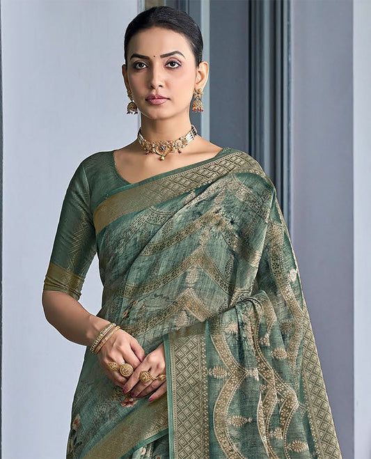 Green intricate design & floral printed catalog saree, jaal border & intricate pallu