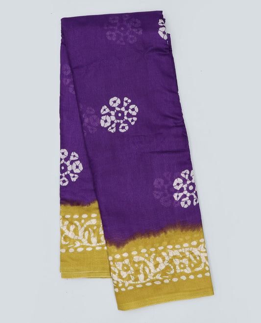 Violet batik-style motifs printed semi-banaras dola saree, contrast batik-printed border