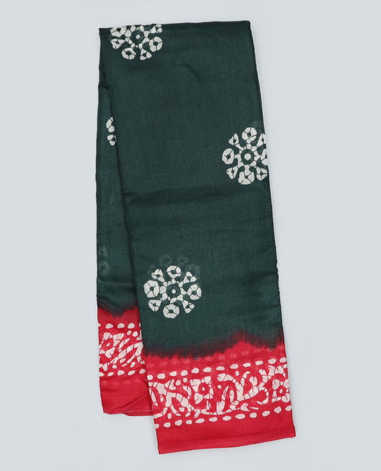 Green batik-style motifs printed semi-banaras dola saree, contrast batik-printed border