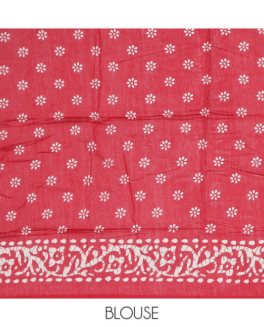 Green batik-style motifs printed semi-banaras dola saree, contrast batik-printed border
