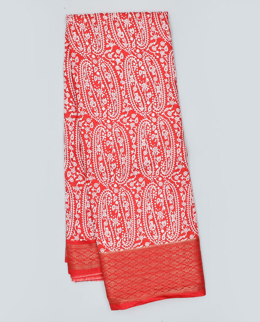 Red paisley printed semi-banaras dola saree, argyle border