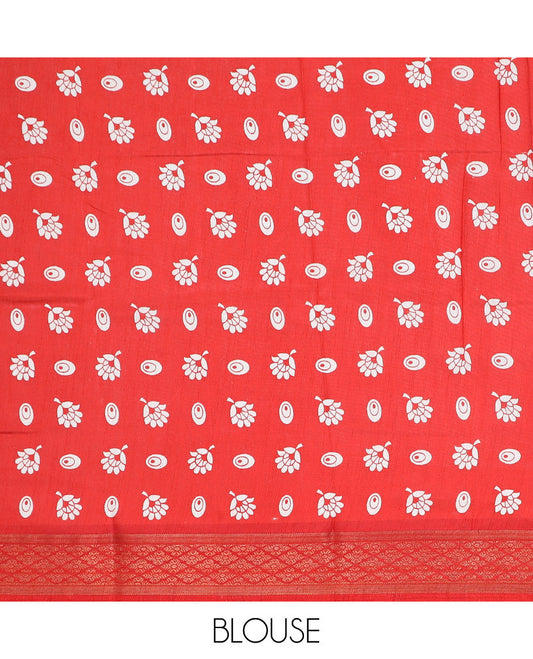 Red paisley printed semi-banaras dola saree, argyle border