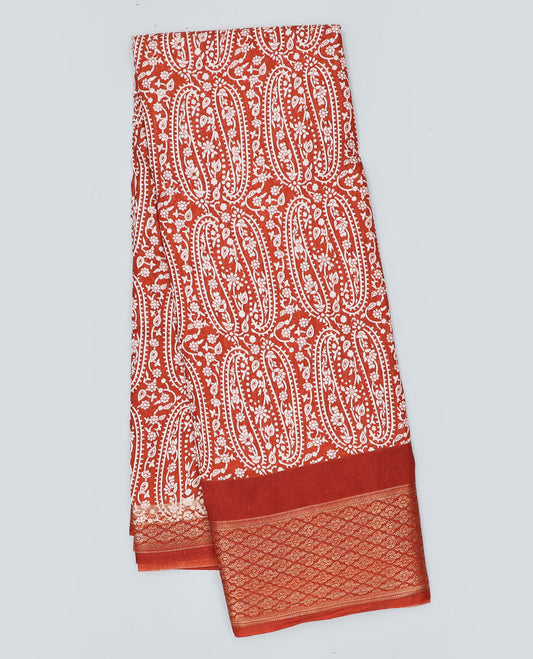 Deep red paisley printed semi-banaras dola saree, argyle border