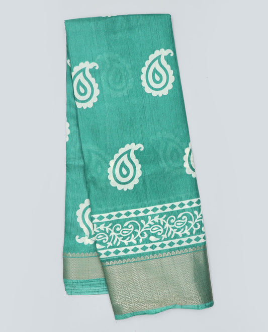 Blue paisley printed semi-banaras dola saree, traditional design border