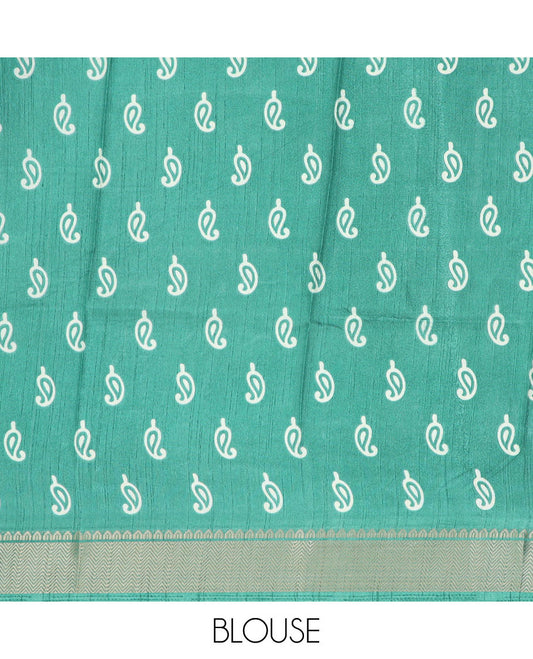 Blue paisley printed semi-banaras dola saree, traditional design border