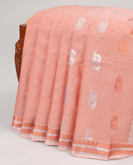 Pink zari buttas coimbatore cotton saree, traditional border & pallu of intricate designs