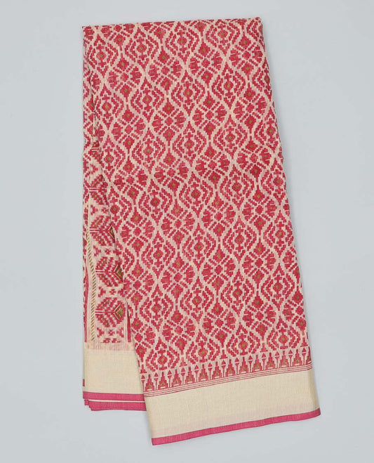Pink ogee printed budget cotton saree, plain border