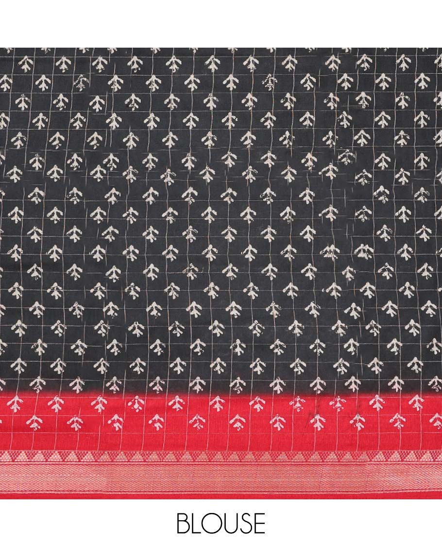 Black checked & floral motifs print semi-banaras dola saree, contrast jaal border