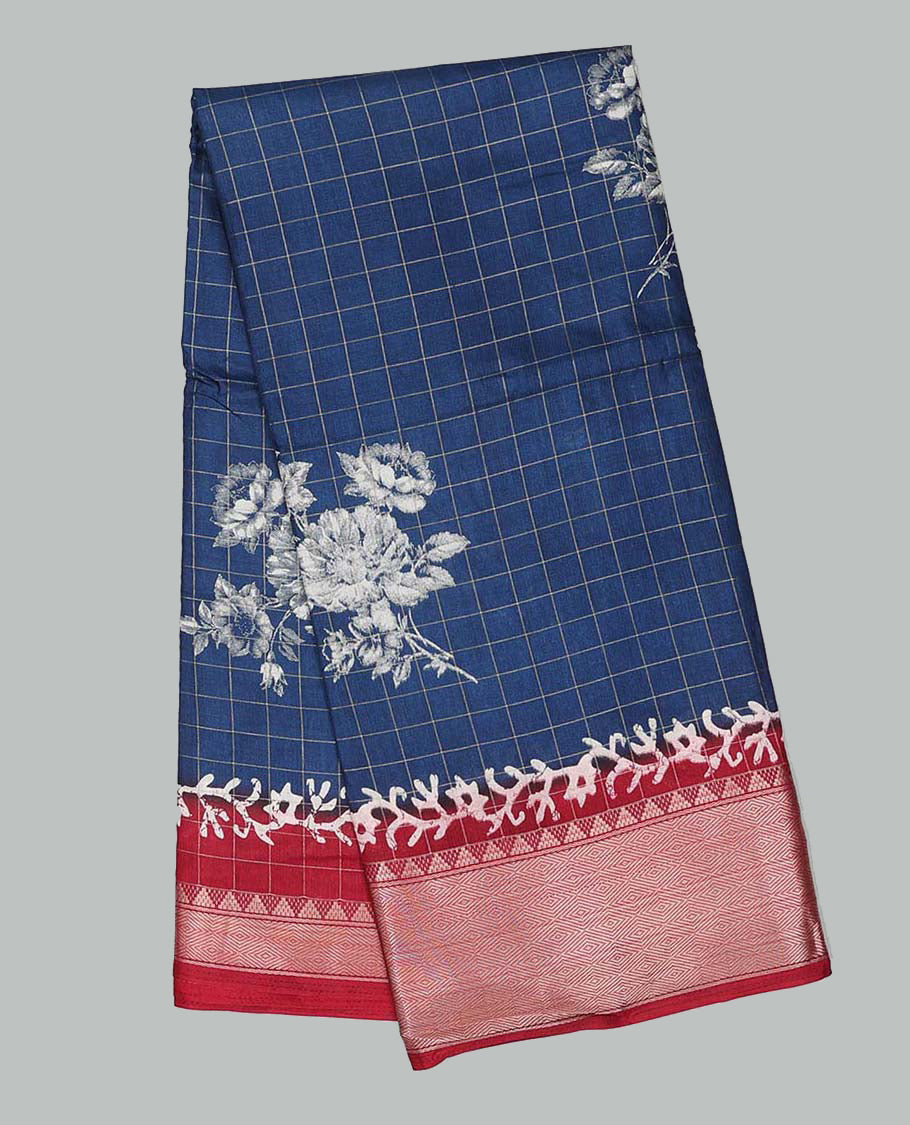 Blue checked & floral motifs print semi-banaras dola saree, contrast jaal border