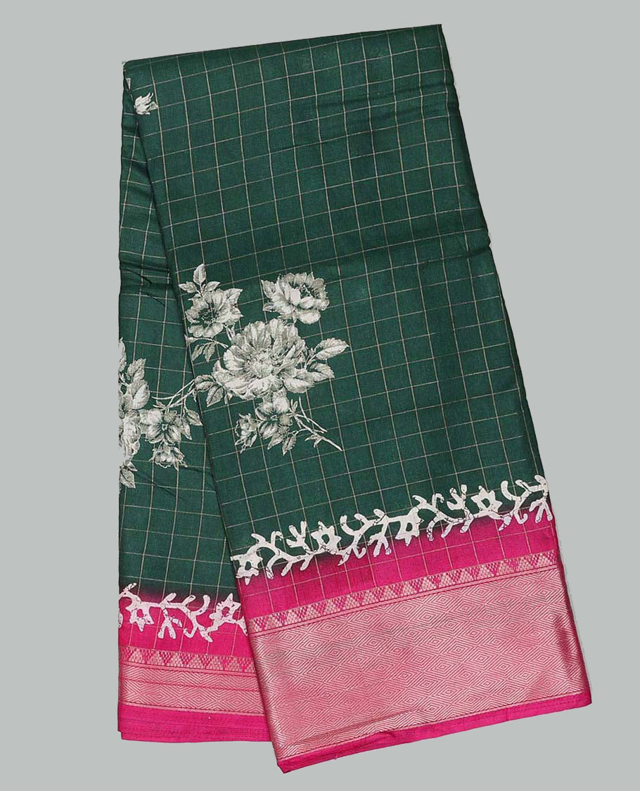 Green checked & floral motifs print semi-banaras dola saree, contrast jaal border