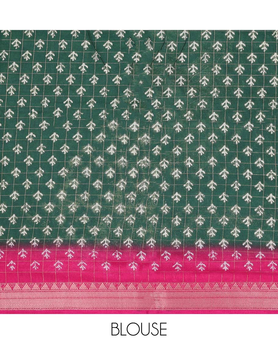 Green checked & floral motifs print semi-banaras dola saree, contrast jaal border