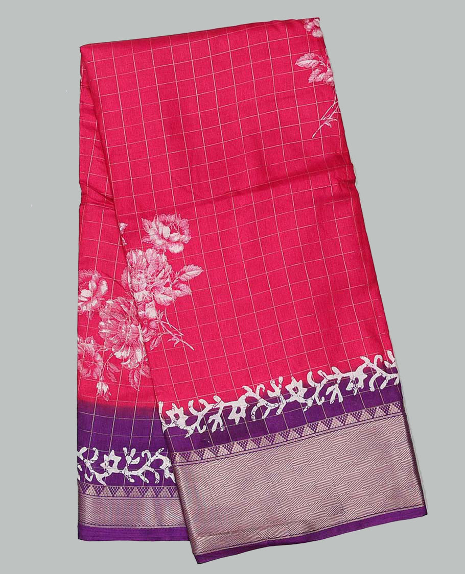 Pink checked & floral motifs print semi-banaras dola saree, contrast jaal border